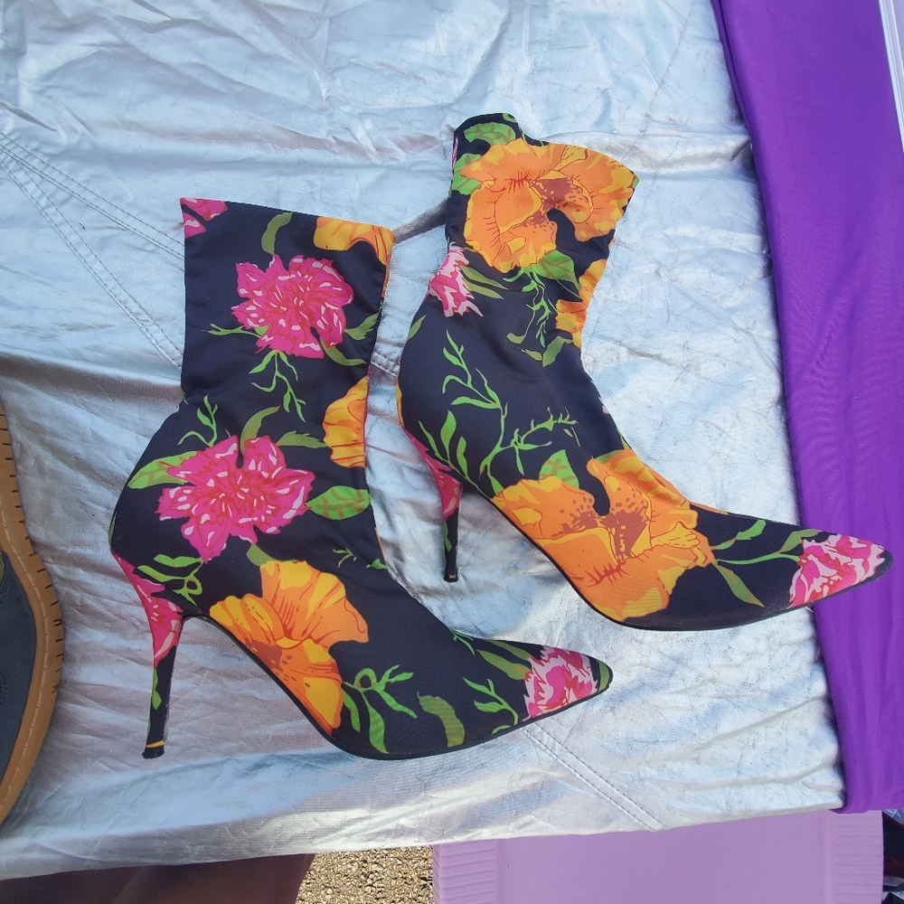 Floral Stiletto Sock Boots - Size 11